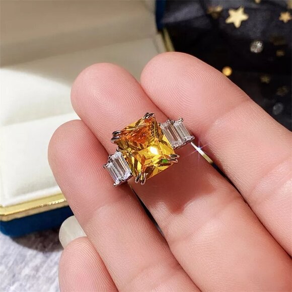 🍁 925 Silver Plated Iced Out CZ Yellow Crystal Wedding Ring, MARR9454 - Picture 2 of 4
